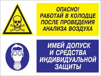 Кз 78 опасно - работай в колодце после проведения анализа воздуха. имей допуск и средства индивидуальной защиты. (пластик, 600х400 мм) - Знаки безопасности - Комбинированные знаки безопасности - магазин "Охрана труда и Техника безопасности"